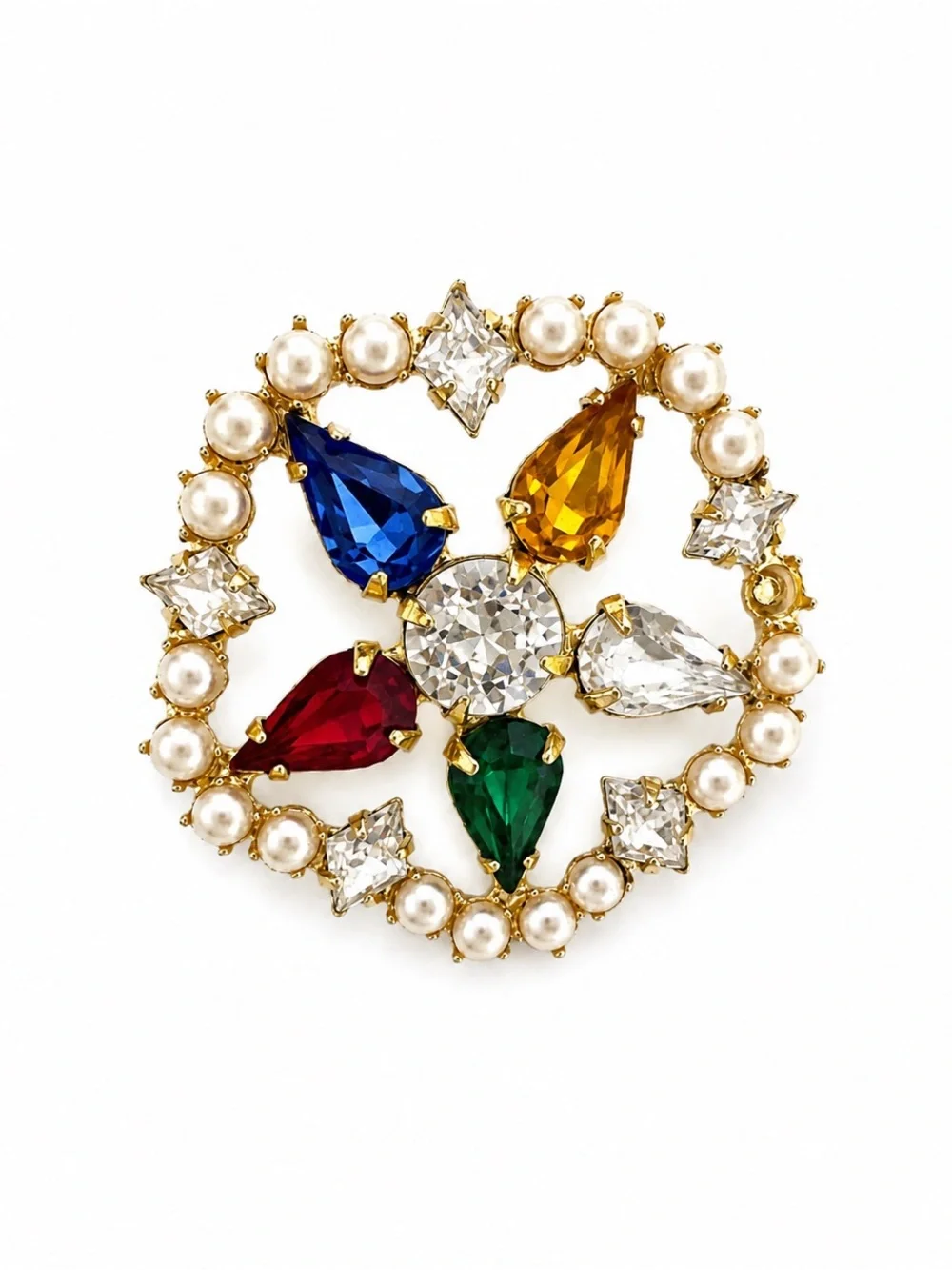 Vintage B David Brooch Multicolor Rhinestone Faux Pearl Gold Tone Wreath Signed